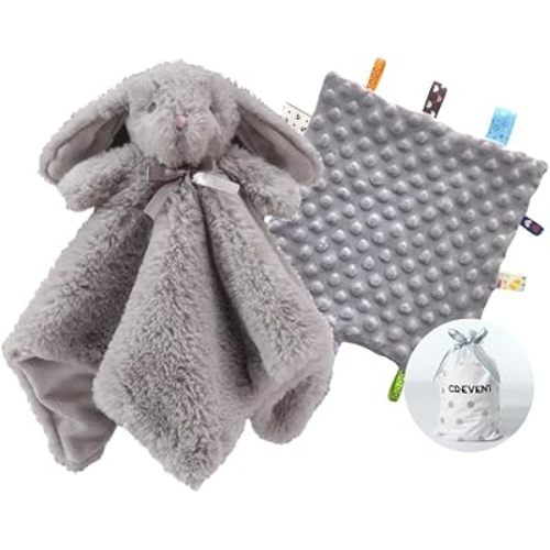 CREVENT Cozy Plush Baby Security Blanket Loveys for Baby Boys and Girls, Faux Fur Front + Mink Backing with Animal Face (Grey Bunny)