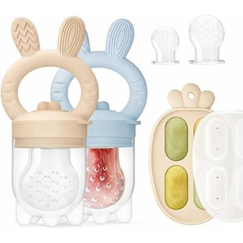 2 Packs Baby Fruit Feeder & Freezer Tray Combo, Push Pop Baby Food Feeder to Safely Introduce New Foods, Fresh & Frozen Food Silicone Feeder, 100% Food Grade, BPA Free