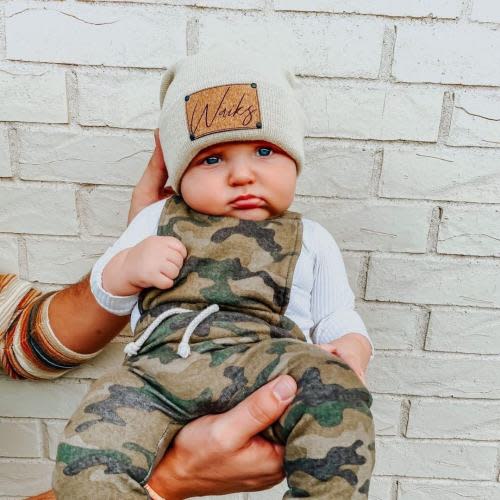 Custom Baby Beanie Hat | Newborn Infant Toddler Kids Youth Child Adult | Slouchy | Font Options | Personalized Name | Vegan Leather Patch