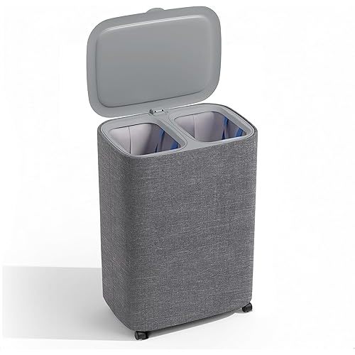 XABITAT Dual Section 90L Laundry Basket with Wheels and Lid – Tall divided Double Laundry Hamper with 2 Removable Washable Bags, Large Laundry Sorter for Easy Clothes Separation