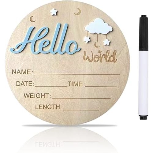 Baby Announcement Sign, ​5.9 Inch Wooden Hello World Newborn Signs, Birth Announcement Sign, Cloud and Stars Decoration, Welcome Newborn Arrival To World, Hospital Nursery for Baby