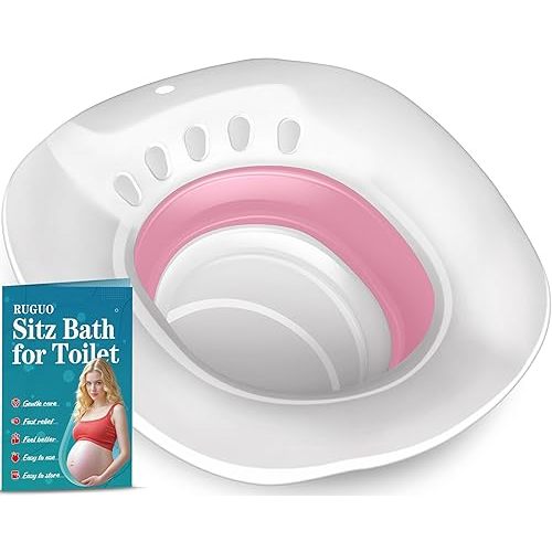 RUGUO Sitz Bath for Toilet Seat - Yoni Steam Seat - Sitz Bath for Hemorrhoids and Postpartum Care - Portable Bidet BPA Free - Foldable Basin for Epsom Salt Soak - Pink