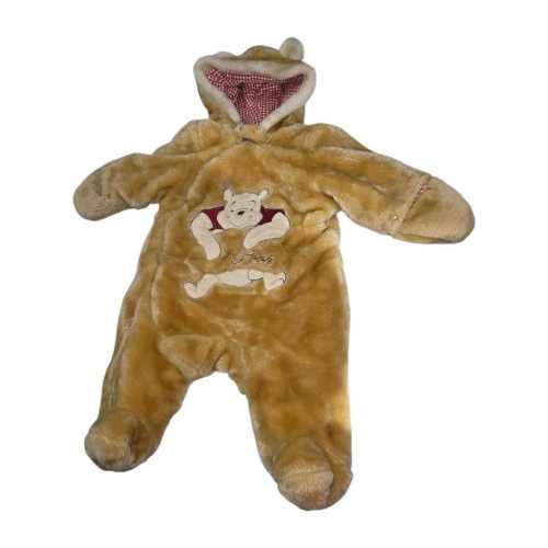 Vintage Disney Pooh Bear Fleece Baby Pram Snowsuit Gold Red Gingham Hood 6-12m