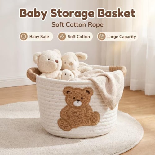Cotton Basket Nursery Basket Baby Storage Toy Storage Baby Kids Stuffed Animal Organizer Bear Design Neutral Nursery Decor Baby Shower Gift