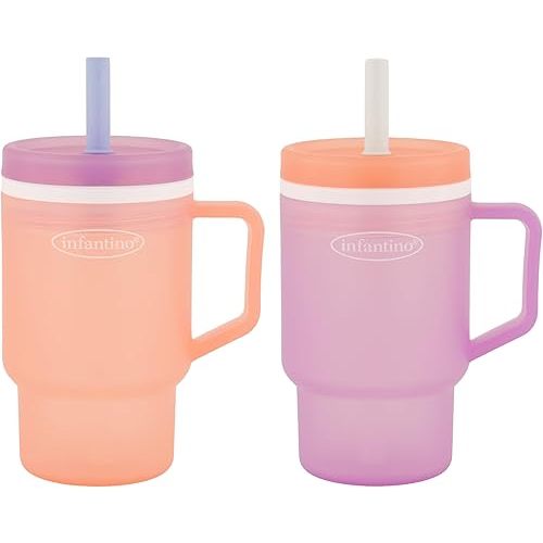 Infantino My 1st Tumbler, 10 Oz. Durable Plastic Sippy Cup with Silicone Leak-Resistant Straw & Handle, for On-the-Go, BPA-Free Transition Cup, Seashell & Lavender, 2-Pack