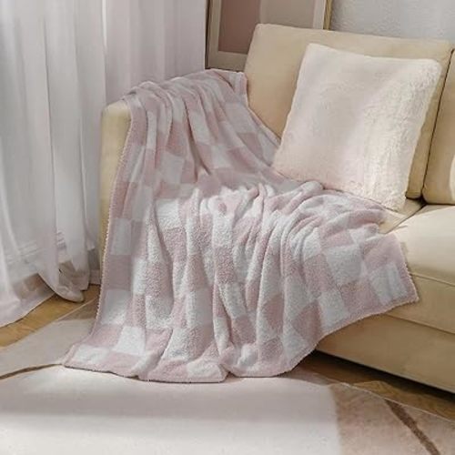 DOOWELL Checkered Blanket Throw Soft Knit Blanket with Checkerboard Grid Pattern for Couch Sofa Bed Camping Travel Gift (Pink, 60"x80")