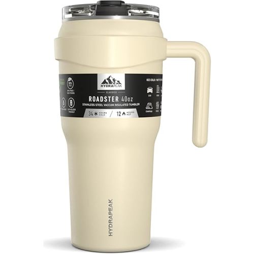 Hydrapeak Roadster 40oz Stainless Steel Tumbler Double Wall Vacuum Insulated Water Bottle With Handle And 2 in 1 Straw Lid (Modern Cream)