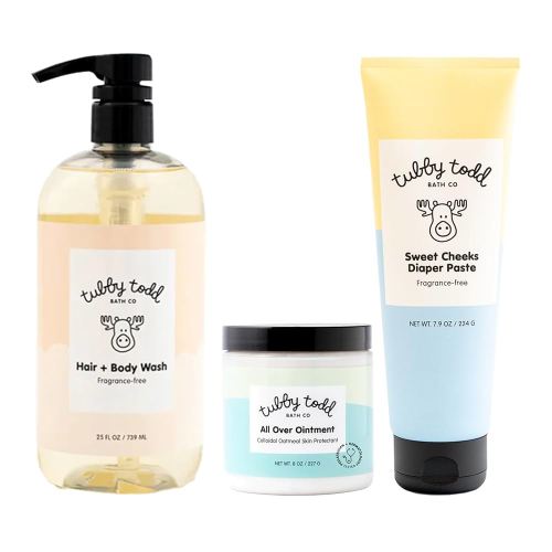 TUBBY TODD Baby Bundle Newborn Skin Care Set - Hypoallergenic Hair + Body Wash, All Over Ointment with Colloidal Oatmeal, Sweet Cheeks Diaper Paste - Fragrance-Free, Full Size