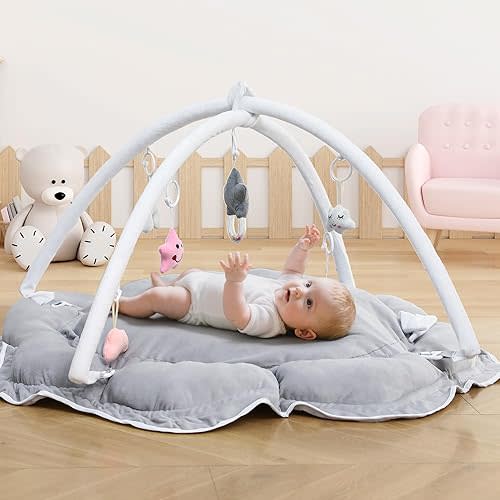 5-in-1 Baby Play Gym and Tummy Time Mat - Thick & Plush Play Mat with 6 Sensory Toys, Convertible Activity Center for Newborn to Toddler, Ball Pit (No Balls Included) & Pet Cushion - Grey