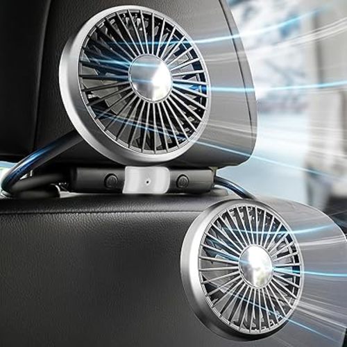 Dealswin Car Fan for Backseat, Dual Head Hose Car Seat Fan with Led Lights, Portable USB Fan for Car, 3 Speeds and 360 Degree Rotatable Cooling Car Fans for Vehicles RV SUV Truck