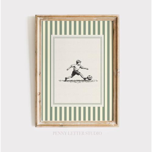 Vintage Sketch Soccer Boy Nursery Print – Kids Sports Art, Soccer Wall Art, Children's Room Decor, Minimalist Sports Poster, Green Stripes