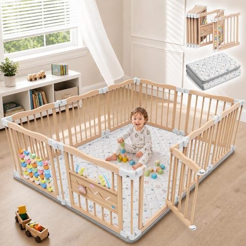 Foldable Wooden Baby Playpen with Mat, 8-Panel, 50 x 50 x 24 in