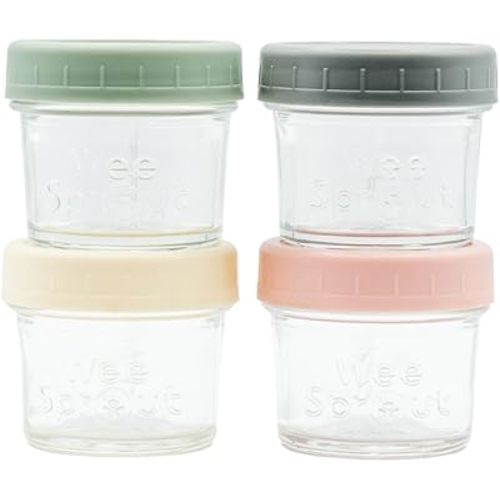 WeeSprout Glass Baby Food Storage Jars w/Lids (4 oz, 4 Pack Set) Snack, Puree, Reusable Small Containers, Breast Milk, Fridge or Freezer, Microwave & Dishwasher Safe, Essential Must Have for Infants