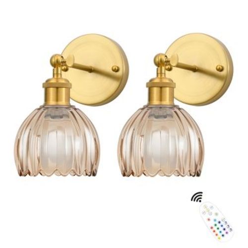 DAKAFUL Vintage Wall Lights with Tulip Glass Shade,Remote-Controlled,Decorative Wall Sconce for Bedroom/Bathroom/Living Room(2-Pack)