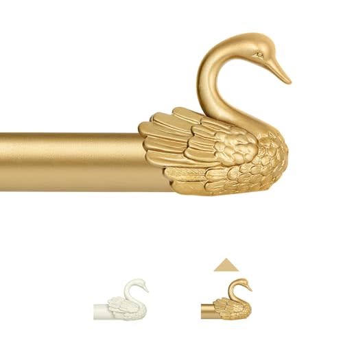 TANGWIN Gold Curtain Rods for Windows 48 to 84 Inch(4-7ft),1 Inch Adjustable Curtain Rod,Heavy Duty Window Rods,Decorative Swan Finials Drapery Pole,Telescoping Single Rod for Bedroom 36-88",Brass