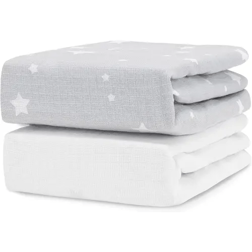 Newton Baby Organic Fitted Crib Sheet (2-Pack) - 100% Breathable and Ultra-Soft, 100% Organic Muslin Cotton, Stardust Print in Twilight Grey + Solid White, Fits All Standard Cribs
