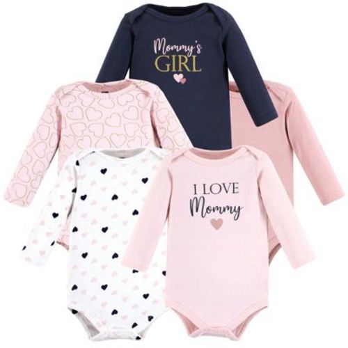 Hudson Baby Infant Girl Cotton Long-Sleeve Bodysuits, Girl Mommy Pink Navy 5-Pack, 0-3 Months