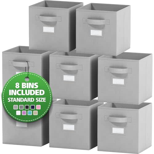 Royexe Fabric Storage Cubes for Cube Storage Organizer - 8 Pack Heavy Duty Storage Bins With Labels - 11 Inch Cube Storage Bin (Light Grey)
