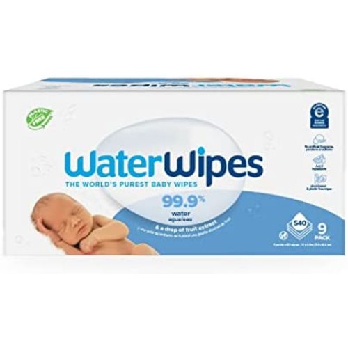 WaterWipes Plastic-Free Original Baby Wipes, 99.9% Water Based Wipes, Unscented & Hypoallergenic for Sensitive Skin, 540 Count (9 packs), Packaging May Vary