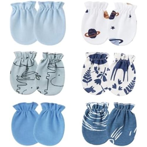 Baby No Scratch Mittens 6 Pair 6 Pattern Loose Cotton Baby Mittens 0-12 Months Soft Comfortable Washable Newborn Gloves for Girls, No Scratch (Blue)