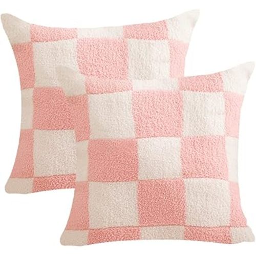 NIDITW Set of 2 Ultra Soft Checkerboard Throw Pillow Cover Microfiber Chessboard Gingham Cushion Case Cozy Fuzzy Checkered Pillowcase Decor for Home Sofa Couch 18x18 Inches (Pink)