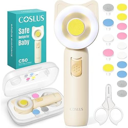 COSLUS Baby Nail File, Baby Nail Trimmer Electric - Gentle, Quiet with 360° Light, Safe for Sleep Time Grinding, 16-in-1 Baby Nail Clipper Kit for Newborn, Infant & Toddler (C50, Lemon Yellow)