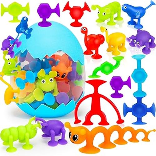 32 PCS Suction Cup Toys Kids Bath Toy Party Favor Goody Prize Easter Egg Filler Stuffer Gift for 2+ 3 4 5 6 Year Old Boy Girl Toddler Travel Toy Sensory Fidget Window Toy with Eggshell Storage