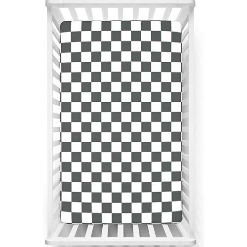 Checkered Themed Fitted Sheet, Standard Mattress Sheet - Polyester Toddler Bed or Crib Sheet, 28" x 52", White Grey
