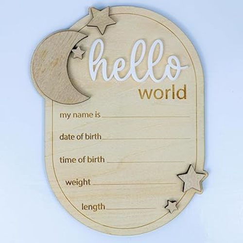 Baby Announcement Sign Star, 6.5 Inch Wooden Hello World Newborn Welcome Sign Birth Name Plaques for Photo Props Baby Shower Hospital Nursery new