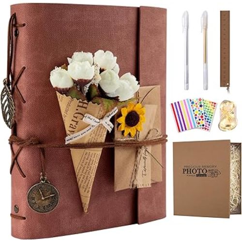 Scrapbook Photo Album 100 Pages, 60 Page Self Adhesive+40 Page Kraft Paper DIY Photo Book for 2x3 3x5 4x6 5x7 Pictures, Leather Memory Book for Wedding Baby Family Travel Birthday Christmas