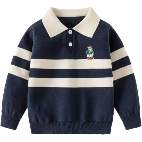 Baby Boy Collar Long Sleeve Striped Teddy Bear Embroidered Cartoon Sweater Autumn Knitted Button Pullover Top