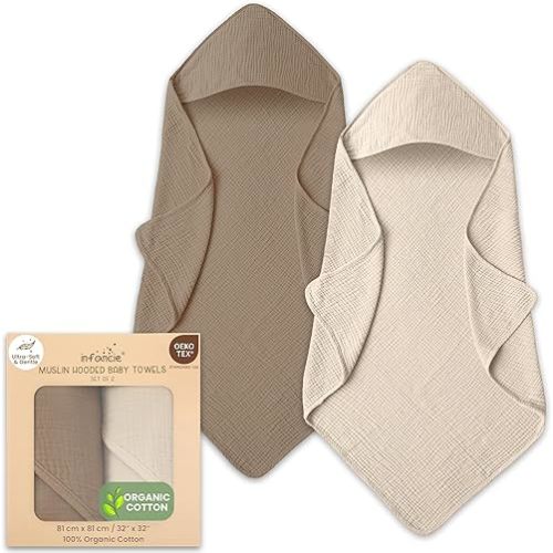 Organic Cotton Muslin Baby Hooded Towels - 32x32 Inch, 2 Pack Newborn Bath Towels for Boys & Girls, Soft & Absorbent Bath Set (Olive/Ivory)