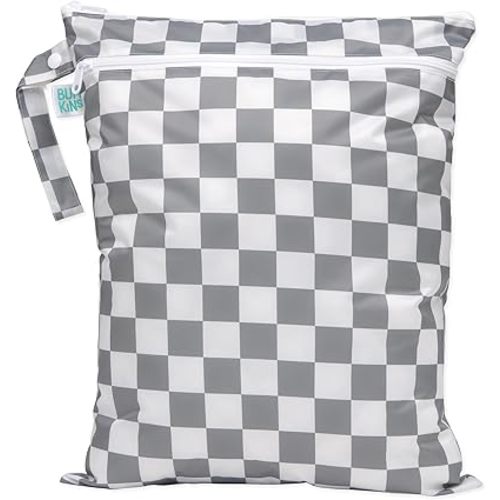 Bumkins Waterproof Wet Dry Bag for Baby, Travel, Swim Suit, Cloth Diapers, Pump Parts, Pool, Beach, Gym Clothes, Toiletry, Hook to Stroller, Daycare, Zipper Reusable Wetdry Packing Pouch, Gray Check