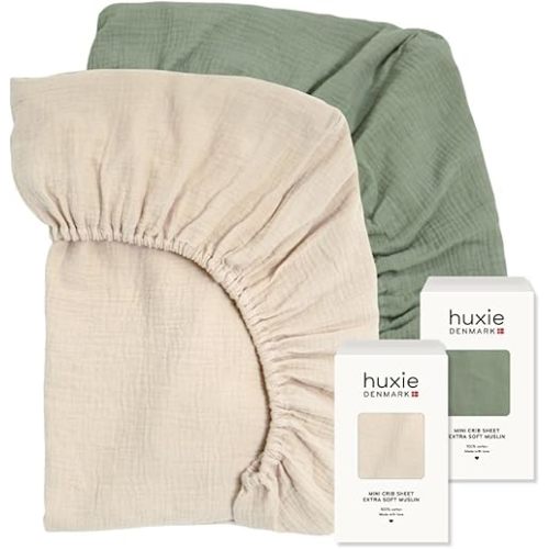 Mini Crib Sheets – Organic Cotton Muslin Fitted Crib Sheet – Fitted for Pack and Play 24" x 38" Ultra-Soft and Breathable (Fog/Roman Green)