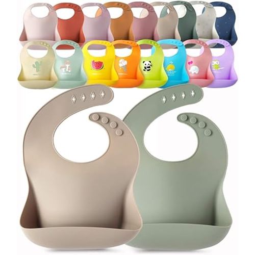 2-Pack Waterproof Silicone Baby Bib Lightweight Comfortable Easy-Wipe Clean (Sea Shell/Seafoam Green, Small)