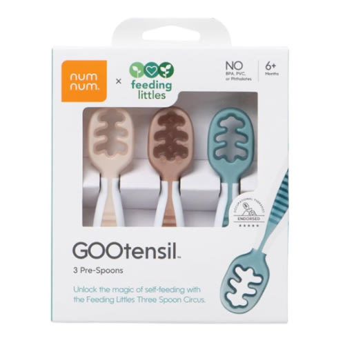 NumNum Baby Spoons Set, Feeding Littles x Silicone Pre-Spoon GOOtensils for Baby Led Weaning, Self-Feeding & Teething, First Stage Toddler Utensils for Ages 6+ Months, 3-Pack, BPA-Free (Neutrals)