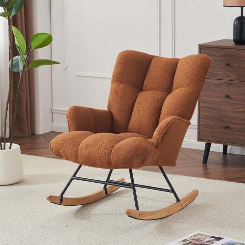 Nursery Rocking Chair Teddy, Upholstered Glider Rocker with High Backrest, Comfortable Stylish Accent Armchair with Padded Seat for Living Rooms, Bedrooms, Brown