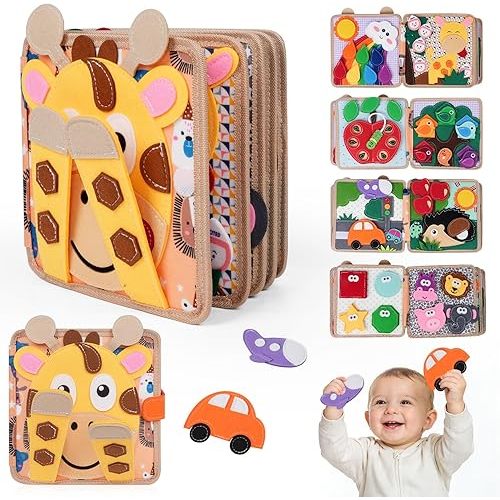 Giraffe Busy Book for Toddlers 1-3, Montessori Toys Toddler Busy Board for 1 Year Old, Felt Quiet Book Sensory Learning Activity Books, Airplane Car Travel Toys, Gifts for Boys Girls 1+