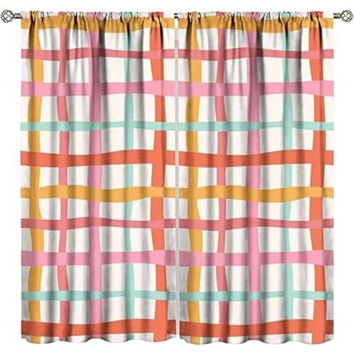 Stripes Wavy Plaid Curtains Rainbow Mid Century Modern Minimalist Geometry Kids Blackout Window Drapes for Bedroom Living Room Kitchen Cafe Decor (W26xL84 Inch) x2 Panels