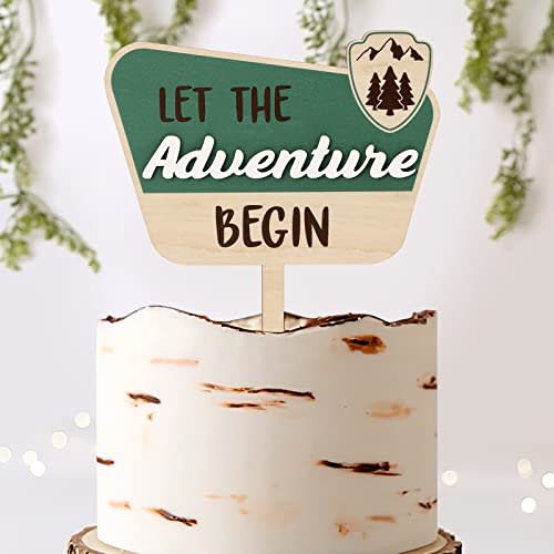 Huray Rayho National Park Cake Topper Let the Adventure Begin Wooden Cake Decoration for Natural Adventure Theme Sage Green Baby Shower Engagement Wedding Birthday Party Centerpiece