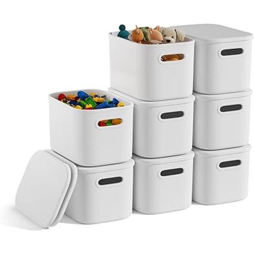 8 Pack White Stackable Storage Bins with Lids for Shelves, Plastic Storage Containers with Lids for Organizing, Storage Boxes with Handle, Storage Basket with Lids for Classroom Pantry Cabinets