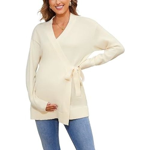 Liu & Qu Women's V-Neck Maternity Sweater Tops Tie Front Wrap Knit Maternity Shirts Pregnancy Clothes
