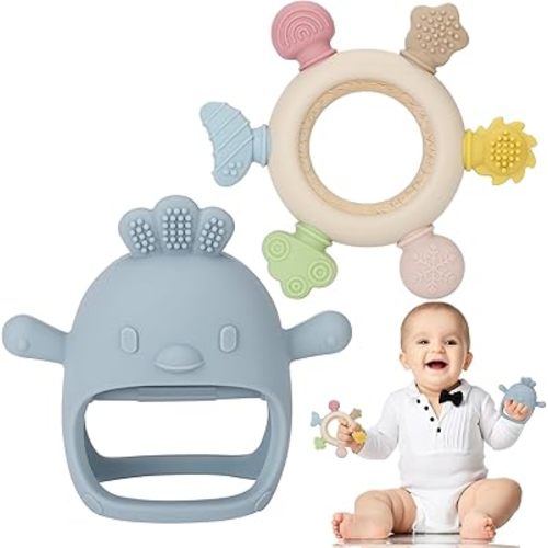 Socub 2 Pack Baby Teething Toys for Babies 0-6 Months, Silicone Teething Mitten and Wooden Ring Toy for Babies 6-12 Months, No Drop Teether Mitten and Ring Teether for Teething Relief(Dusty Blue)