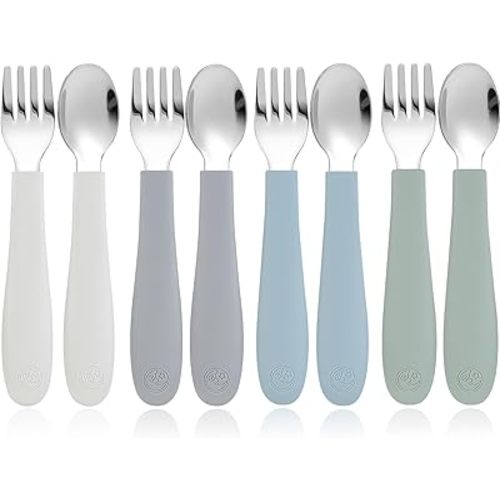 CoixFoam 8 Pieces Toddler Utensils, Toddler Safe Silverware Set With Food Grade Silicone Hanlde, 18/8 Stainless Steel, Perfect Length For New Self Feeders, Dishwasher Safe