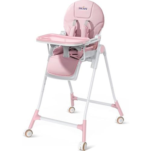 Sejoy High Chair, 3-in-1 High Chairs for Babies and Toddlers, Five Point Seat Belt, with Detachable Wheels & Tray, Adjustable Height & Recline& Footrest Multifunctional Infant Highchair (Pink)