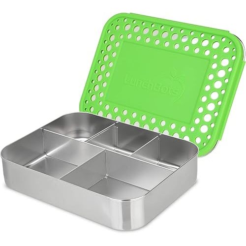 LunchBots Large Cinco Stainless Steel Lunch Container - Five Section Design Holds a Variety of Foods - Metal Bento Box - Dishwasher Safe - Stainless Lid - Green Dots