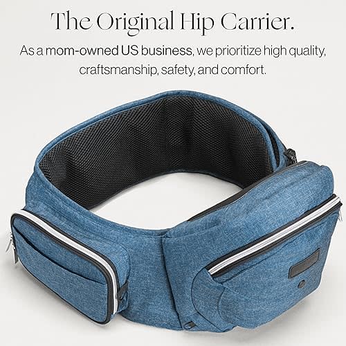 Tushbaby The Original Safety-Certified Hip Carrier for Babies & Toddlers: Machine Washable Child Waist Seat with Pocket Storage, As Seen on Shark Tank (23”-44” Waist, 0-3 yrs up to 45lbs) – Chambray