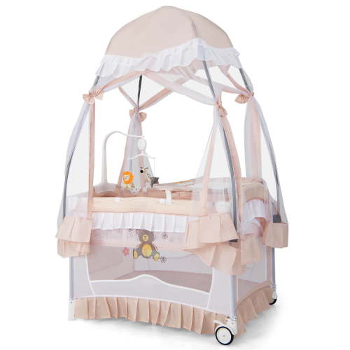 Costway Baby Playard Crib Bed 4 in 1 Portable with Changing Table Canopy Music Box Light Pink