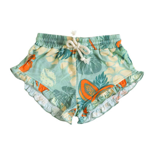 Tropical Getaway Green Little Surfer Girl Ruffle Shorts