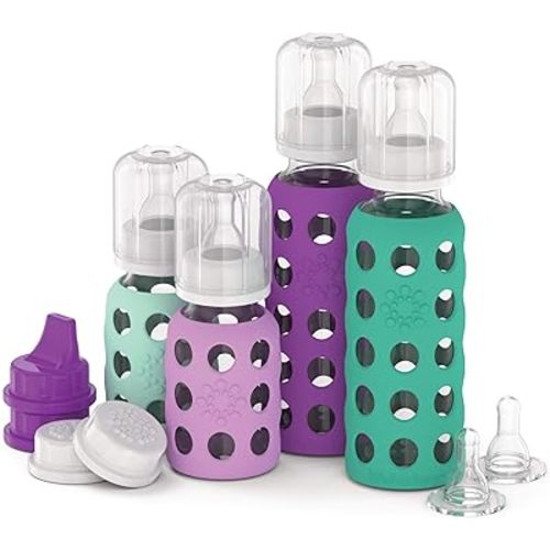 Lifefactory 4 Bottle Starter Set (2) 4-Ounce Baby Bottle in Mint/Lavender (2) 9-Ounce Baby Bottle in Kale/Grape (2) Flat Caps (2) Sippy Caps (2) Stage 2 Nipples